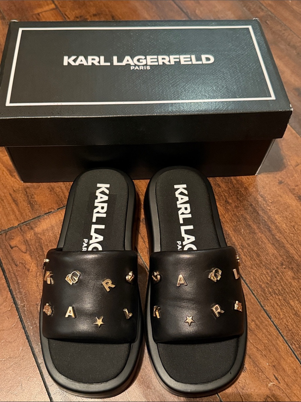 Karl Lagerfeld Black Slide Sandals with Gold Letter Studs